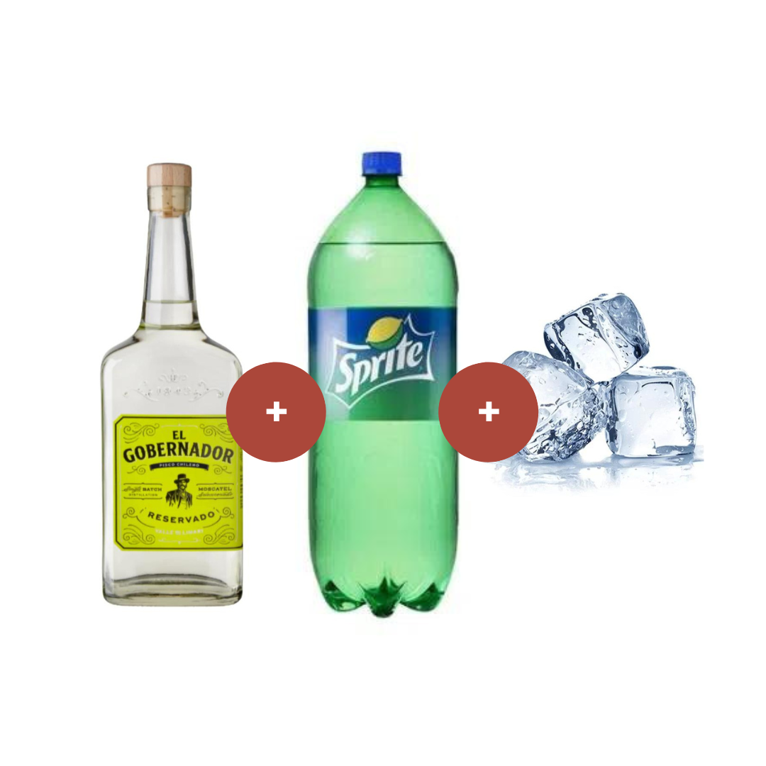 Pisco Gobernador + Sprite 3L (Variedades) + Hielo 2 Kg